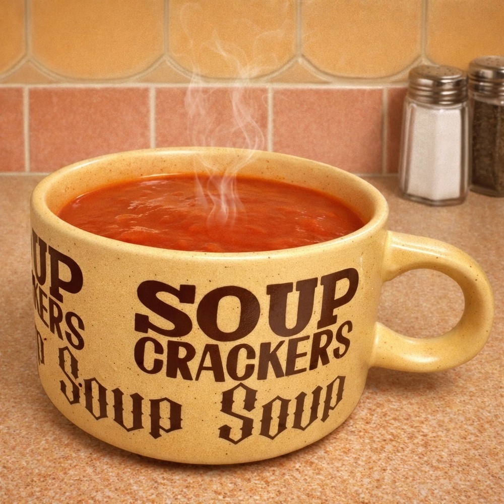 Vintage 70s Korean Stoneware Soup Mug Retro Typography • Chunky Pottery